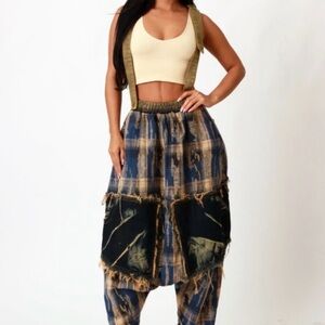 Plaid Denim Patchwork Harem Pants